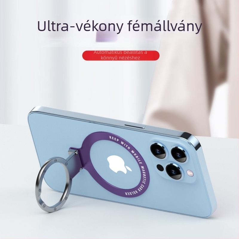 Ultra vékony gyűrűs telefon-tartó, fém – cinkötvözetből, összecsukható és forgatható állvány erős ragasztóval