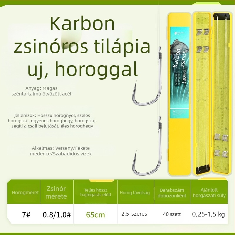 Kész hosszú nyelű kettős horog, karbon szálon megkötve, mandzsetta típusú horog, kárászra és pontyra tervezve