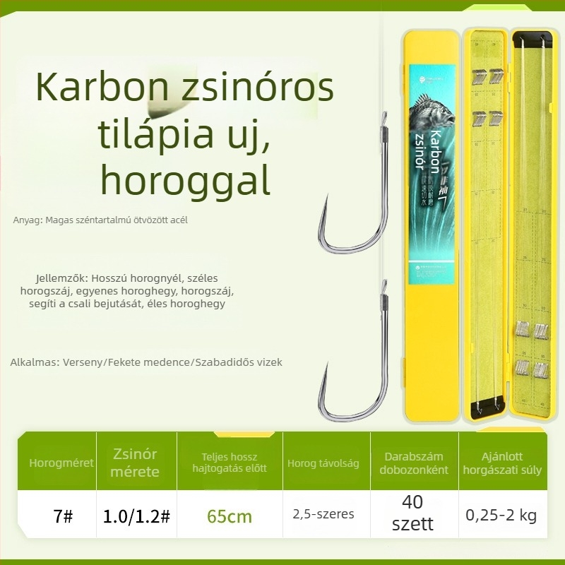 Kész hosszú nyelű kettős horog, karbon szálon megkötve, mandzsetta típusú horog, kárászra és pontyra tervezve