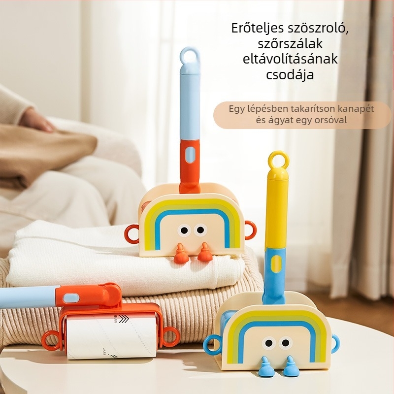 Hosszú nyelű szöszmentesítő görgő, cserélhető tekercsekkel, otthoni használatra, rendkívül tapadó ragasztóval a por és a szösz eltávolítására ágyból és pulóverekből