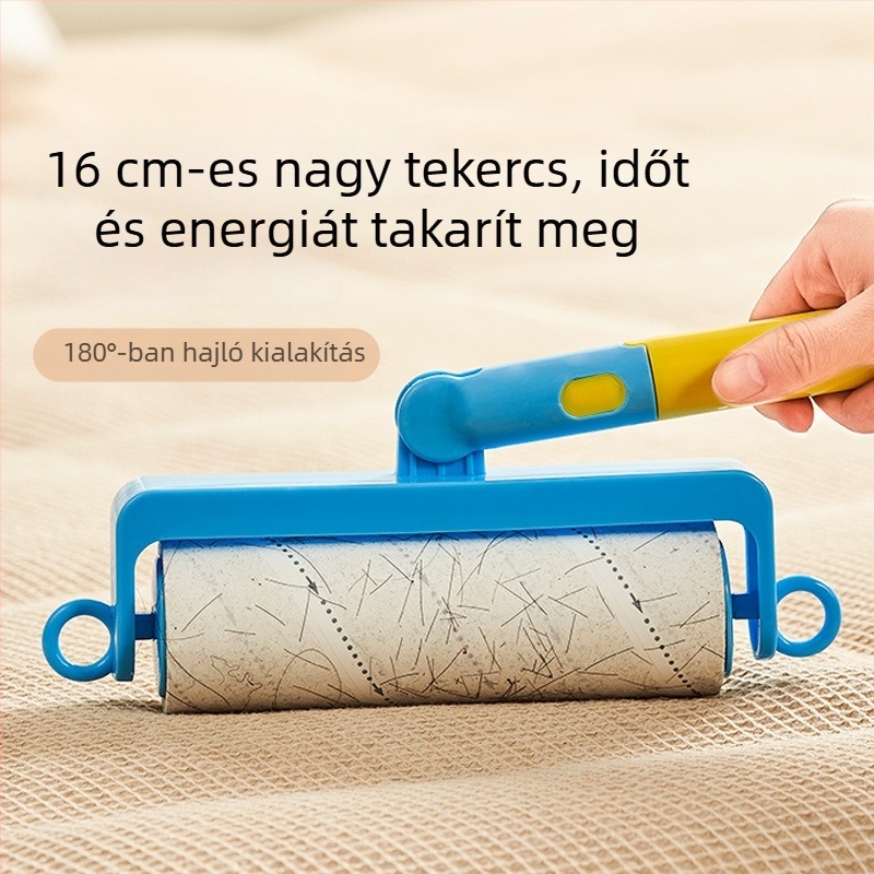 Hosszú nyelű szöszmentesítő görgő, cserélhető tekercsekkel, otthoni használatra, rendkívül tapadó ragasztóval a por és a szösz eltávolítására ágyból és pulóverekből