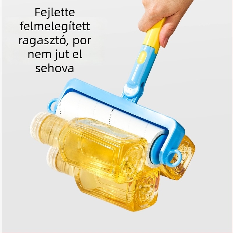 Hosszú nyelű szöszmentesítő görgő, cserélhető tekercsekkel, otthoni használatra, rendkívül tapadó ragasztóval a por és a szösz eltávolítására ágyból és pulóverekből
