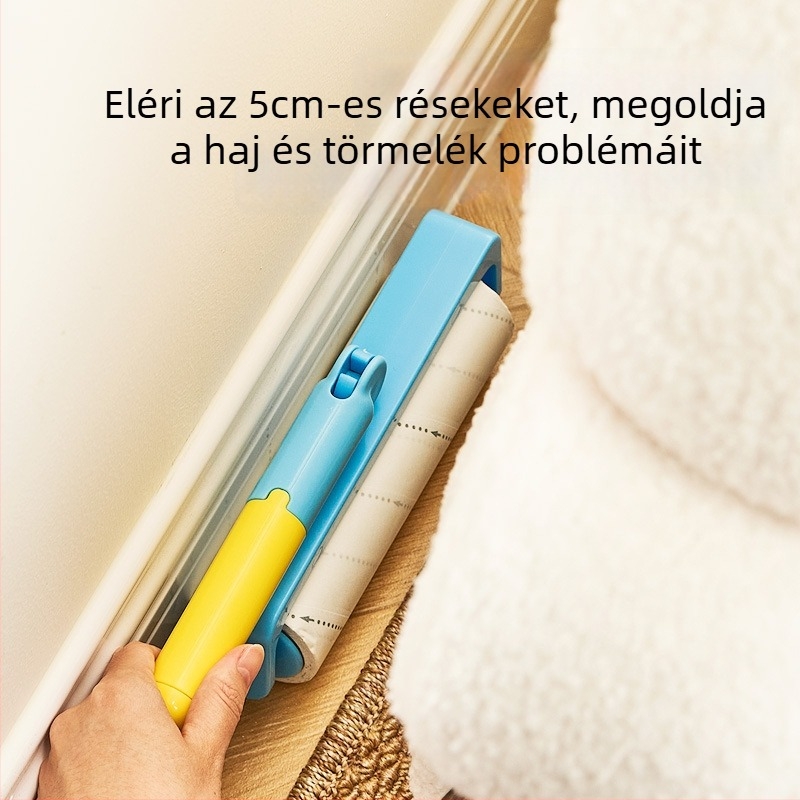 Hosszú nyelű szöszmentesítő görgő, cserélhető tekercsekkel, otthoni használatra, rendkívül tapadó ragasztóval a por és a szösz eltávolítására ágyból és pulóverekből