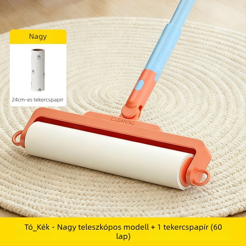 Hosszú nyelű szöszmentesítő görgő, cserélhető tekercsekkel, otthoni használatra, rendkívül tapadó ragasztóval a por és a szösz eltávolítására ágyból és pulóverekből