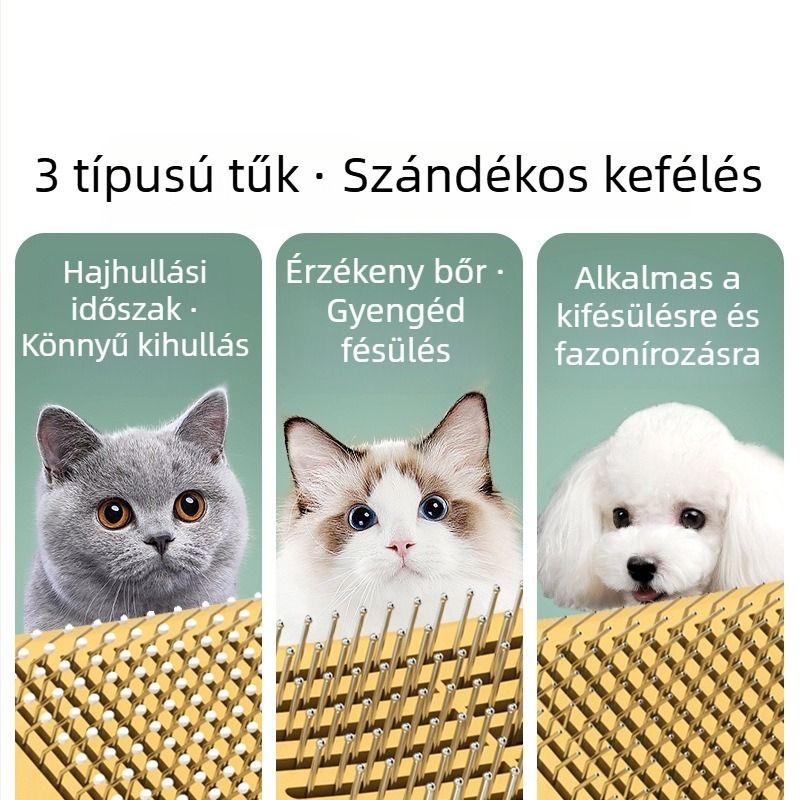 Állatgondozó fésű macskák és kutyák számára, rozsdamentes acél tüskék, ABS test és TPE fogantyú, eltávolítja a laza szőrt és gyengéd masszázst nyújt