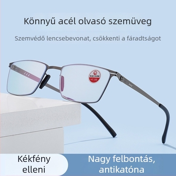 Olvasó szemüveg, anti‑kék fény lencsék, ultra‑könnyű PC lencsék, fém teljes keret, idős férfiak számára