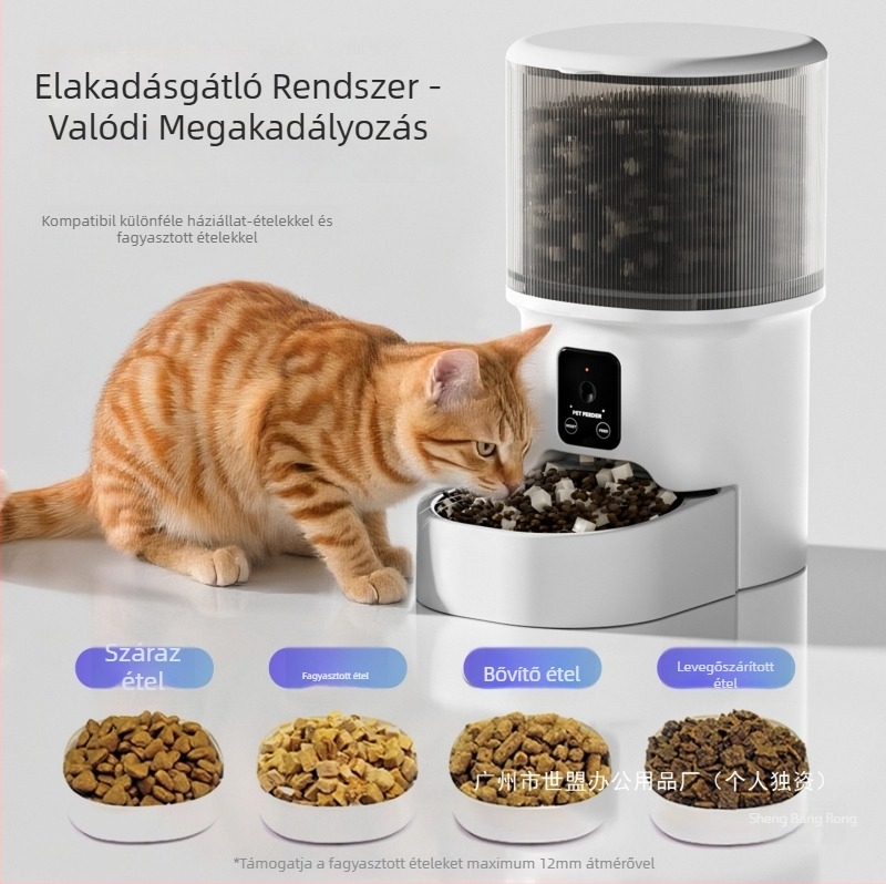 Okos automata etető macskáknak és kutyáknak, app vezérléssel, időzített adagok, kamera, levehető kivitel