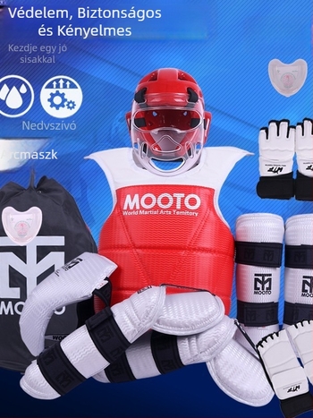 Taekwondo védőfelszerelés készlet fej-, könyök-, lábszárvédő, váll- és bokavédővel, habanyagból, univerzális illeszkedés