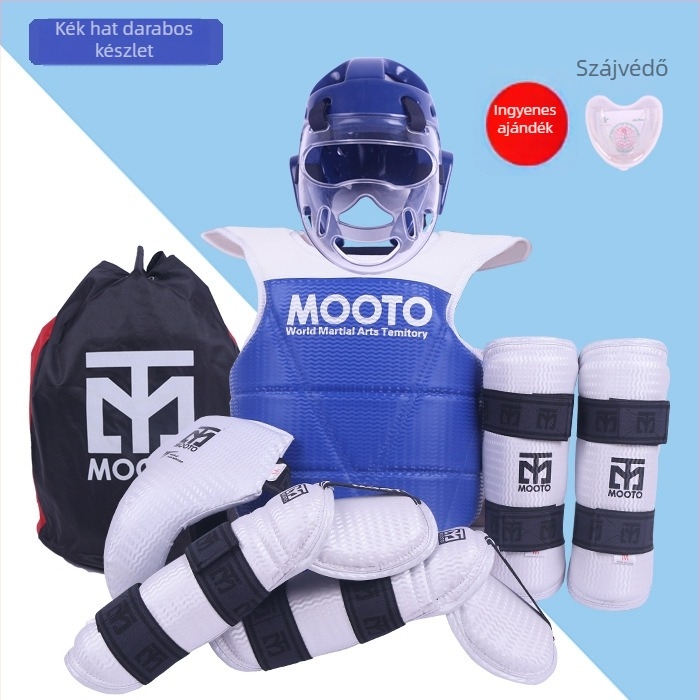 Taekwondo védőfelszerelés készlet fej-, könyök-, lábszárvédő, váll- és bokavédővel, habanyagból, univerzális illeszkedés