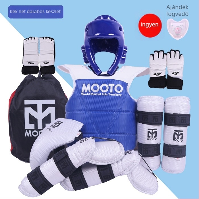 Taekwondo védőfelszerelés készlet fej-, könyök-, lábszárvédő, váll- és bokavédővel, habanyagból, univerzális illeszkedés