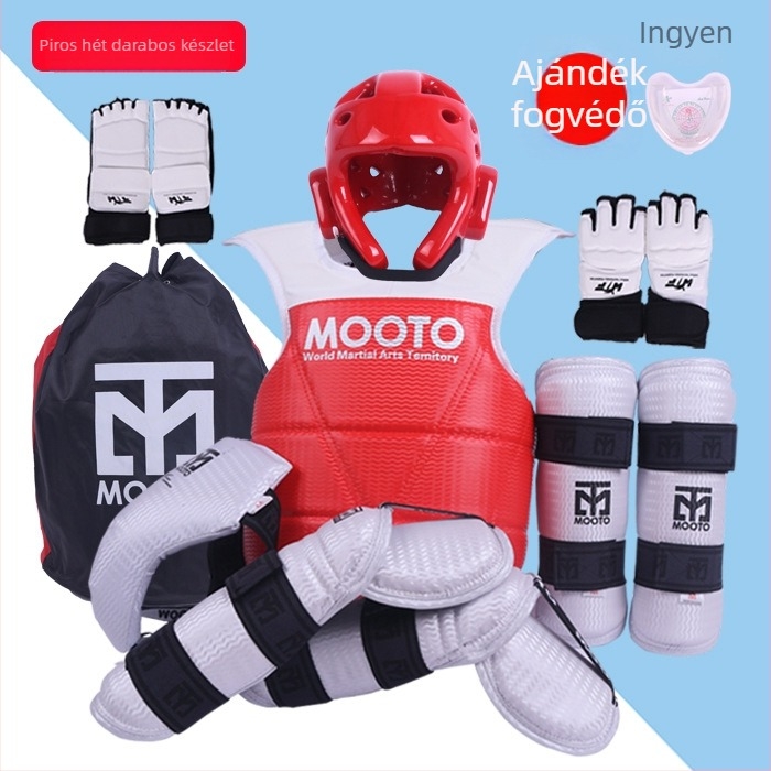Taekwondo védőfelszerelés készlet fej-, könyök-, lábszárvédő, váll- és bokavédővel, habanyagból, univerzális illeszkedés