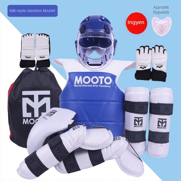 Taekwondo védőfelszerelés készlet fej-, könyök-, lábszárvédő, váll- és bokavédővel, habanyagból, univerzális illeszkedés