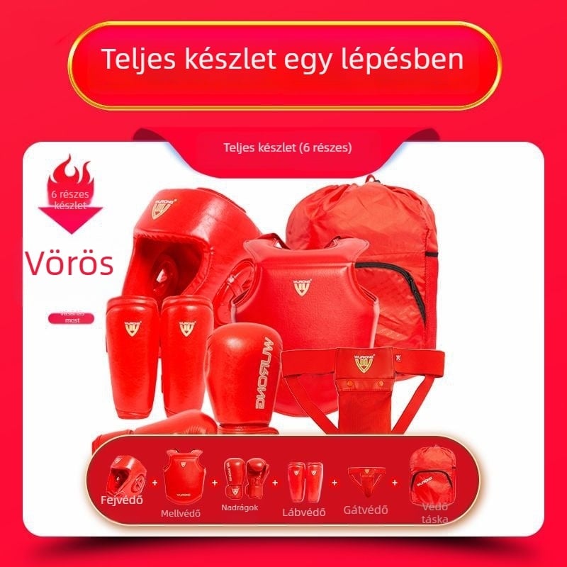 Felnőtt Sanda védőfelszerelés teljes készlet bokszedzéshez — fejvédő, mellvéd, lábvédő és vállvédők; Anyag: poliészter; Védelmi területek: vádlija, váll, térd, boka; Termékszám: ZJ-1016