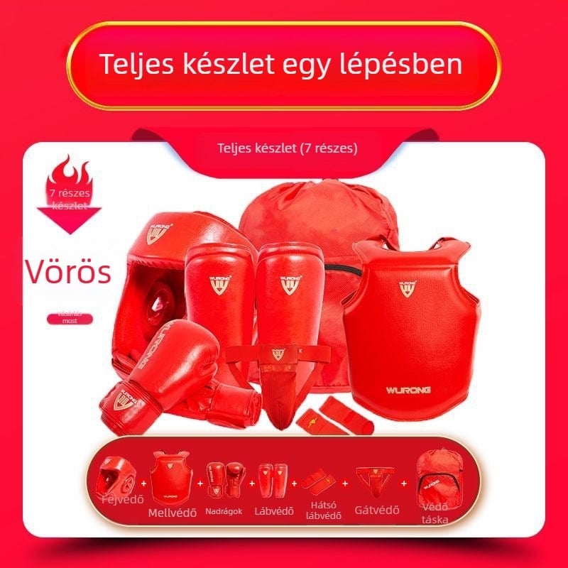 Felnőtt Sanda védőfelszerelés teljes készlet bokszedzéshez — fejvédő, mellvéd, lábvédő és vállvédők; Anyag: poliészter; Védelmi területek: vádlija, váll, térd, boka; Termékszám: ZJ-1016
