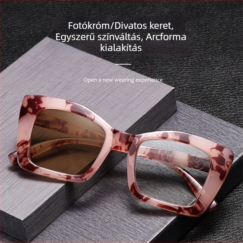 Olvasó szemüveg fotokromatikus lencsékkel, kékfény elleni védelem, UV-védelem, teljes keret, négyszögletes dizájn