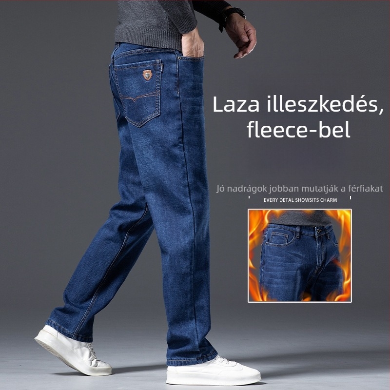 Polár béléses denim nadrág, egyenes szabású, középső derekú, téli viselet