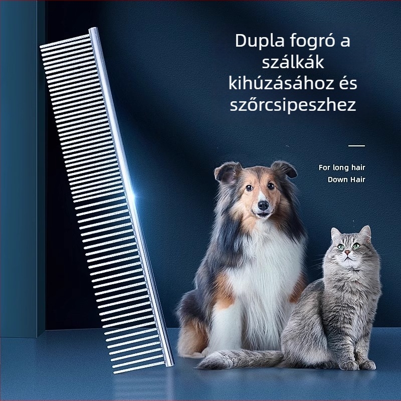 Háziállat-gondozó fésű hosszú szőrű macskáknak és kutyáknak, acél, finom fogak