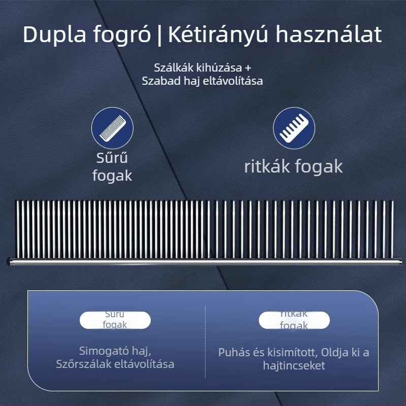 Háziállat-gondozó fésű hosszú szőrű macskáknak és kutyáknak, acél, finom fogak