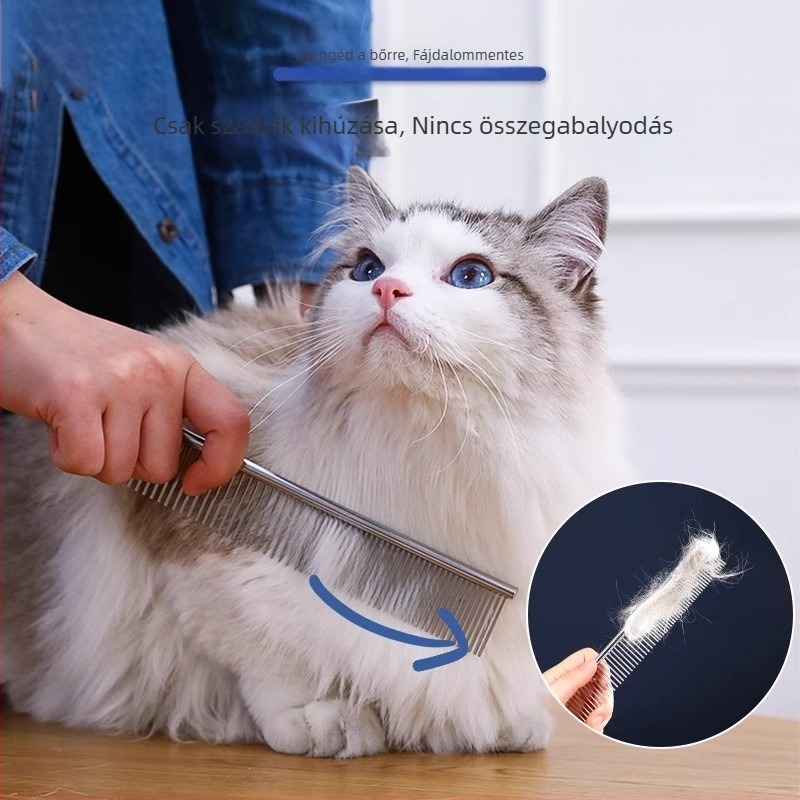Háziállat-gondozó fésű hosszú szőrű macskáknak és kutyáknak, acél, finom fogak