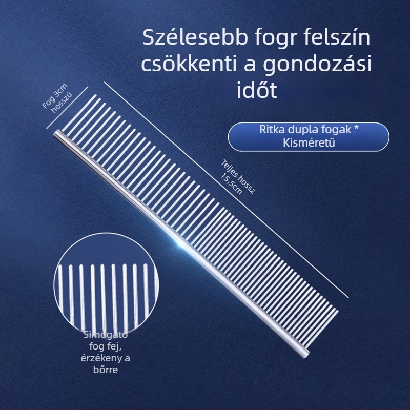 Háziállat-gondozó fésű hosszú szőrű macskáknak és kutyáknak, acél, finom fogak