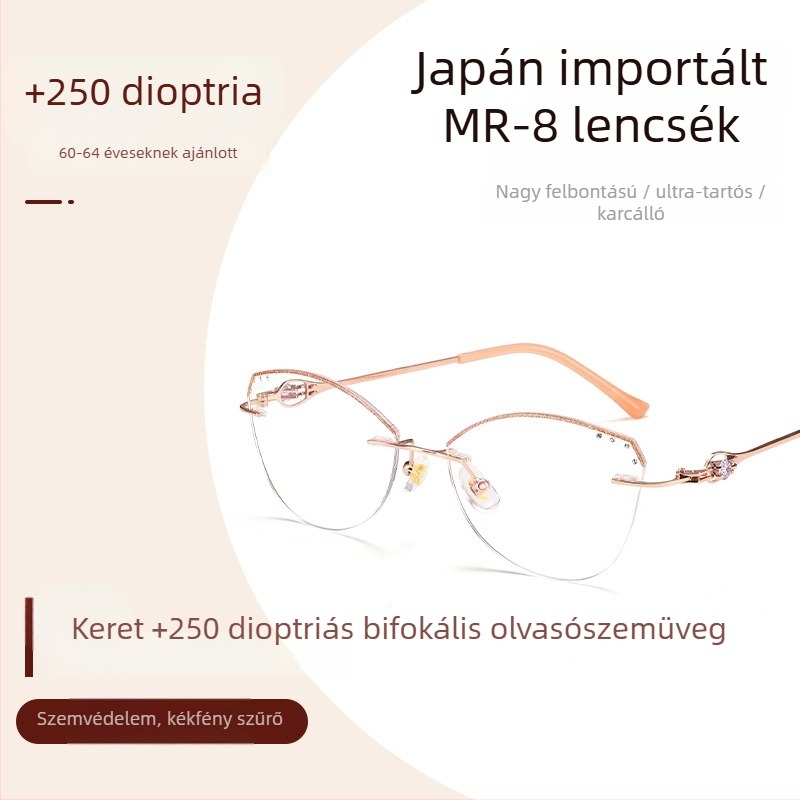 Női keret nélküli olvasószemüveg távoli és közeli látáshoz, anti-kék fény, miopia, elegáns dizájn