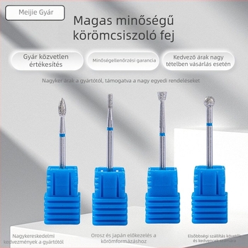 Manikűr készlet – 6 darab gyémánt csiszolófejek, rövid hegyű fej a körömfelület polírozásához, elektroplattolt rozsdamentes acél, OEM