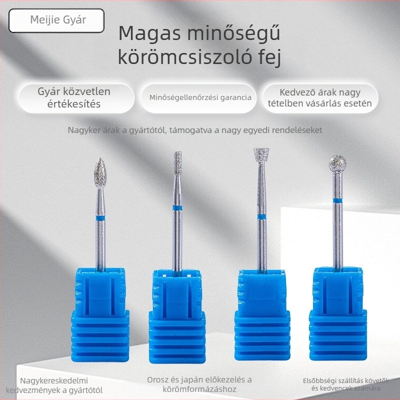 Manikűr készlet – 6 darab gyémánt csiszolófejek, rövid hegyű fej a körömfelület polírozásához, elektroplattolt rozsdamentes acél, OEM