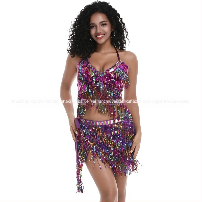 Pole dance és belly dance színpadi kosztüm flitterekkel és bojttal, chiffon anyag, nylon 50–70%, 2025 tavasz