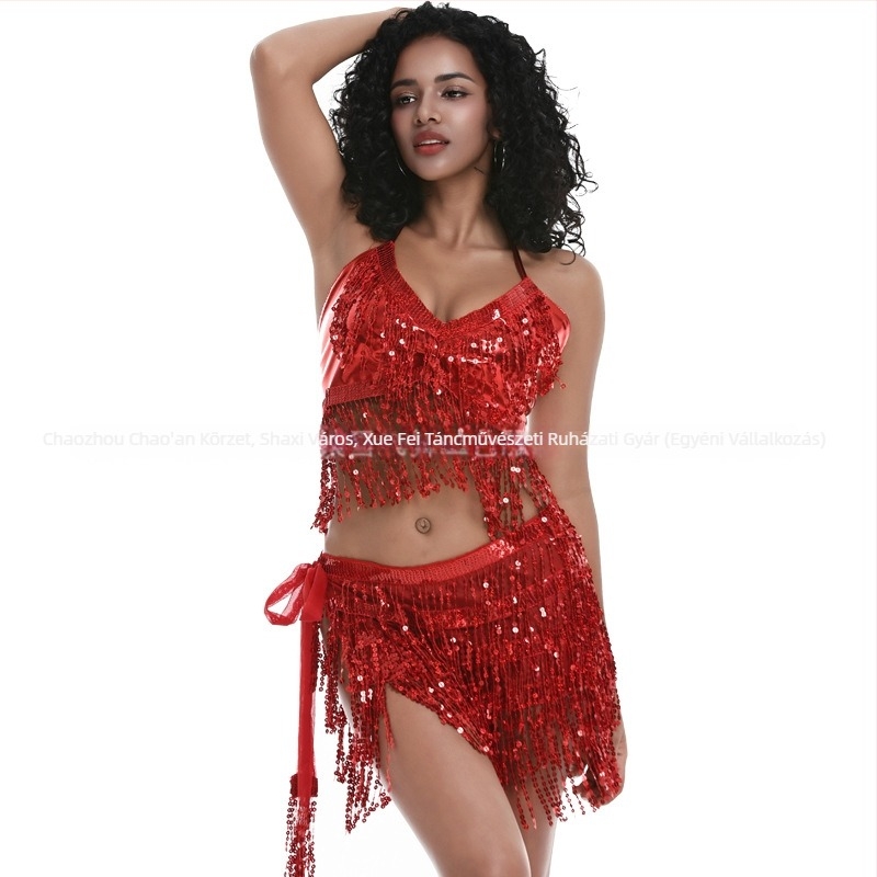 Pole dance és belly dance színpadi kosztüm flitterekkel és bojttal, chiffon anyag, nylon 50–70%, 2025 tavasz