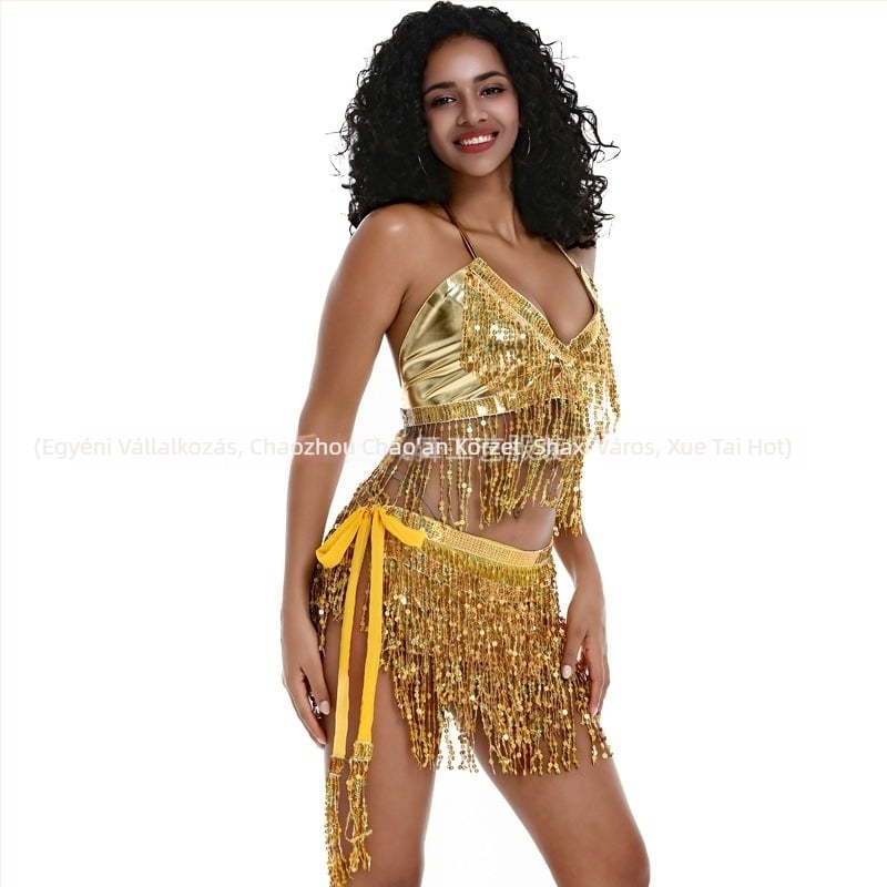 Pole dance és belly dance színpadi kosztüm flitterekkel és bojttal, chiffon anyag, nylon 50–70%, 2025 tavasz