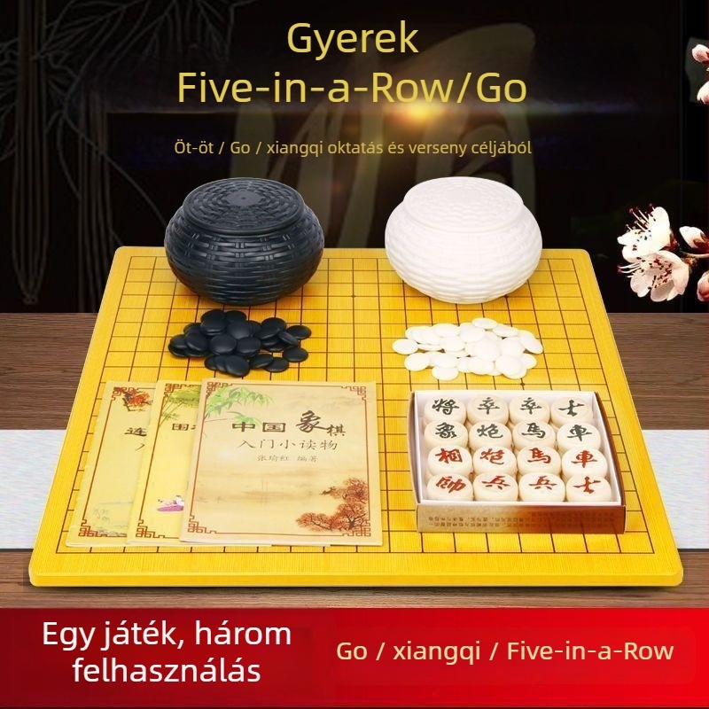 Go, Gomoku és kínai sakk készlet kétoldalas fa táblával, utánozott jade darabok, könyveket tartalmaz