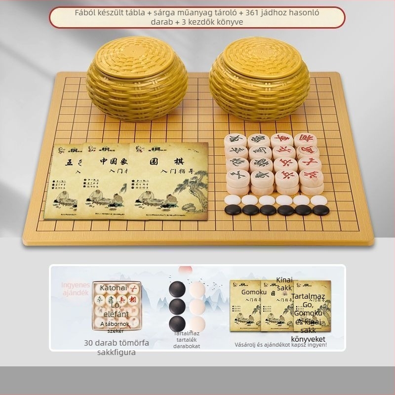 Go, Gomoku és kínai sakk készlet kétoldalas fa táblával, utánozott jade darabok, könyveket tartalmaz