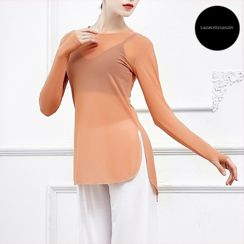 Modern tánczuházat: Női hosszú ujjú hálós top a modern táncokhoz; háló anyag 80% spandex, bélés háló 80% spandex, alkalmas egész éves gyakorlásra