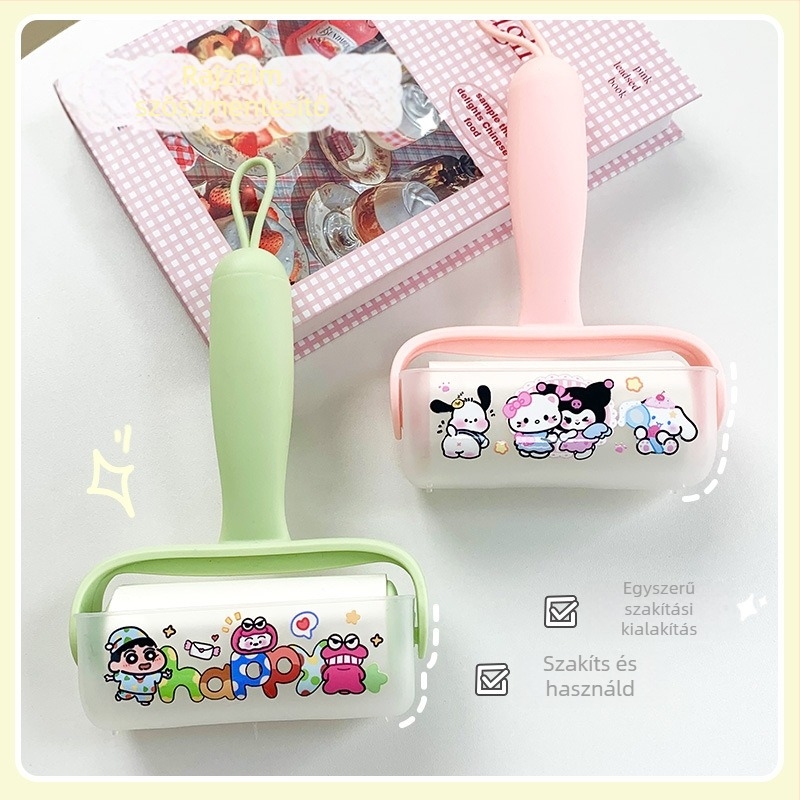 Ruhákhoz való lint roller cserélhető lapokkal – eltávolítja a szőrt és a port; anyagok: PP, PET, szilikagél, forró olvadó ragasztó; stílus: rajzfilm; bevezetés: 2025 tavasza