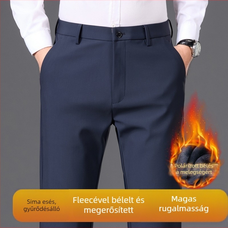 Férfi üzleti casual egyenes nadrág, vastag téli anyag, középmagas derék, gyűrődésálló, velúr bélés