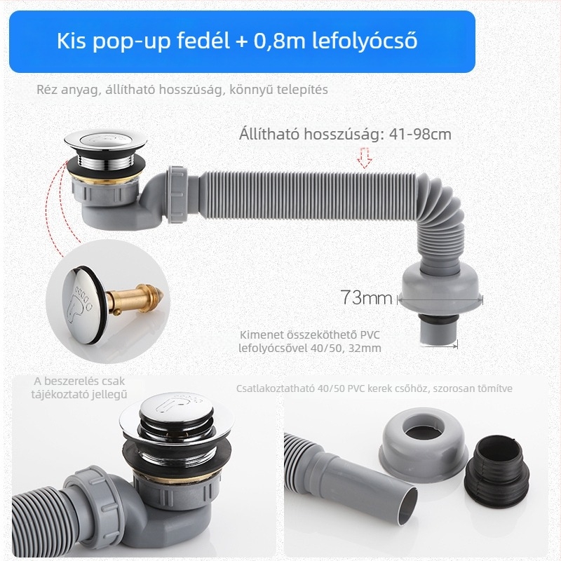 Hajlított, kihúzható lefolyócső fürdőhöz szag- és rovarbiztos kialakítással – fürdőkádban és zuhanyzónál; CE tanúsítvány; anyag: Egyéb; tanúsítvány száma: Egyéb; telepítés: Nem biztosított