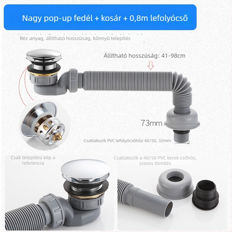 Hajlított, kihúzható lefolyócső fürdőhöz szag- és rovarbiztos kialakítással – fürdőkádban és zuhanyzónál; CE tanúsítvány; anyag: Egyéb; tanúsítvány száma: Egyéb; telepítés: Nem biztosított