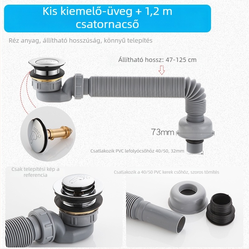 Hajlított, kihúzható lefolyócső fürdőhöz szag- és rovarbiztos kialakítással – fürdőkádban és zuhanyzónál; CE tanúsítvány; anyag: Egyéb; tanúsítvány száma: Egyéb; telepítés: Nem biztosított