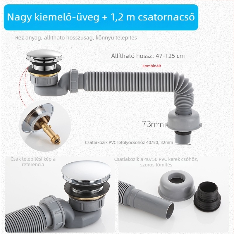 Hajlított, kihúzható lefolyócső fürdőhöz szag- és rovarbiztos kialakítással – fürdőkádban és zuhanyzónál; CE tanúsítvány; anyag: Egyéb; tanúsítvány száma: Egyéb; telepítés: Nem biztosított