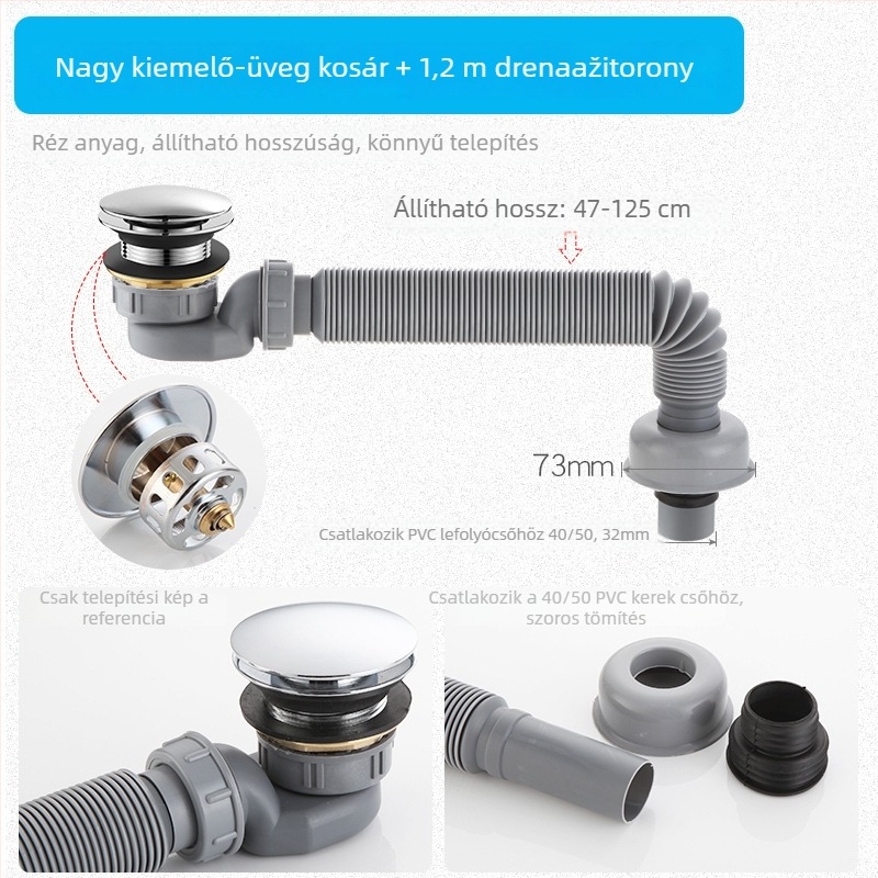 Hajlított, kihúzható lefolyócső fürdőhöz szag- és rovarbiztos kialakítással – fürdőkádban és zuhanyzónál; CE tanúsítvány; anyag: Egyéb; tanúsítvány száma: Egyéb; telepítés: Nem biztosított