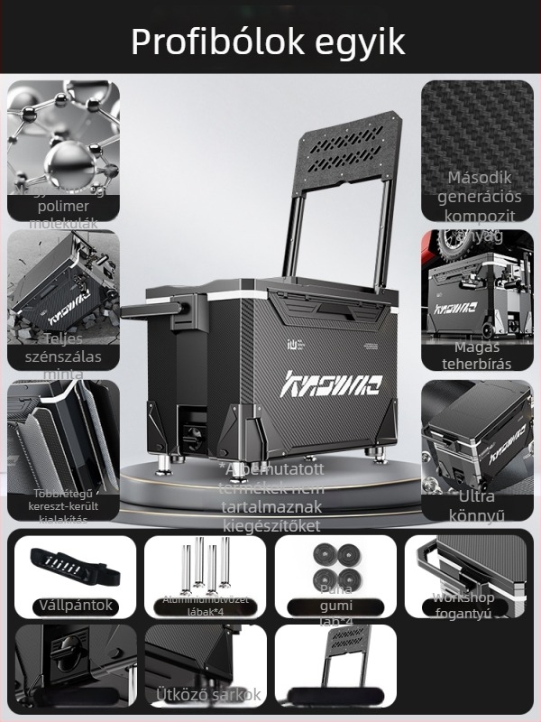 Horgász doboz – teljes készlet, multifunkcionális kerekekkel, PP anyag, kapacitás <9 L