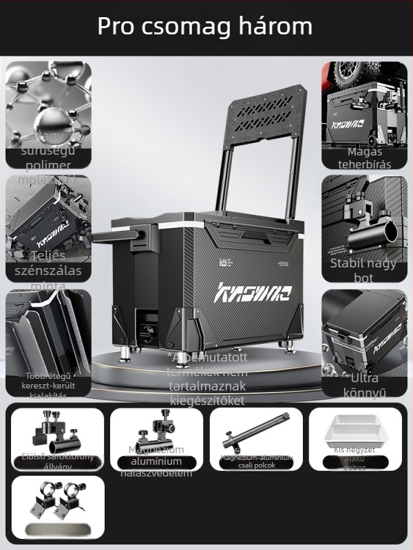 Horgász doboz – teljes készlet, multifunkcionális kerekekkel, PP anyag, kapacitás <9 L