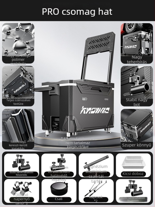 Horgász doboz – teljes készlet, multifunkcionális kerekekkel, PP anyag, kapacitás <9 L