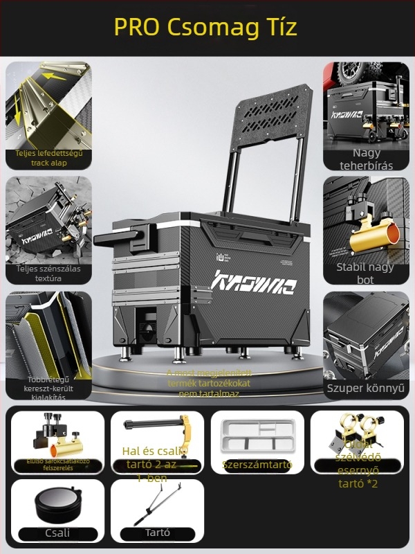 Horgász doboz – teljes készlet, multifunkcionális kerekekkel, PP anyag, kapacitás <9 L