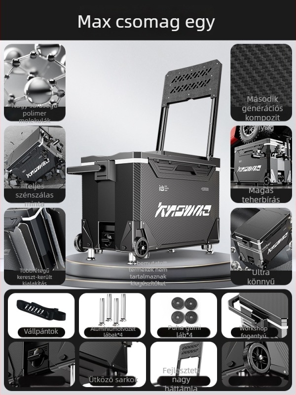 Horgász doboz – teljes készlet, multifunkcionális kerekekkel, PP anyag, kapacitás <9 L