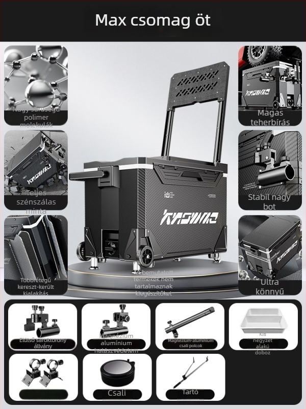 Horgász doboz – teljes készlet, multifunkcionális kerekekkel, PP anyag, kapacitás <9 L