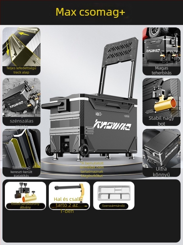 Horgász doboz – teljes készlet, multifunkcionális kerekekkel, PP anyag, kapacitás <9 L