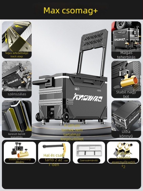 Horgász doboz – teljes készlet, multifunkcionális kerekekkel, PP anyag, kapacitás <9 L