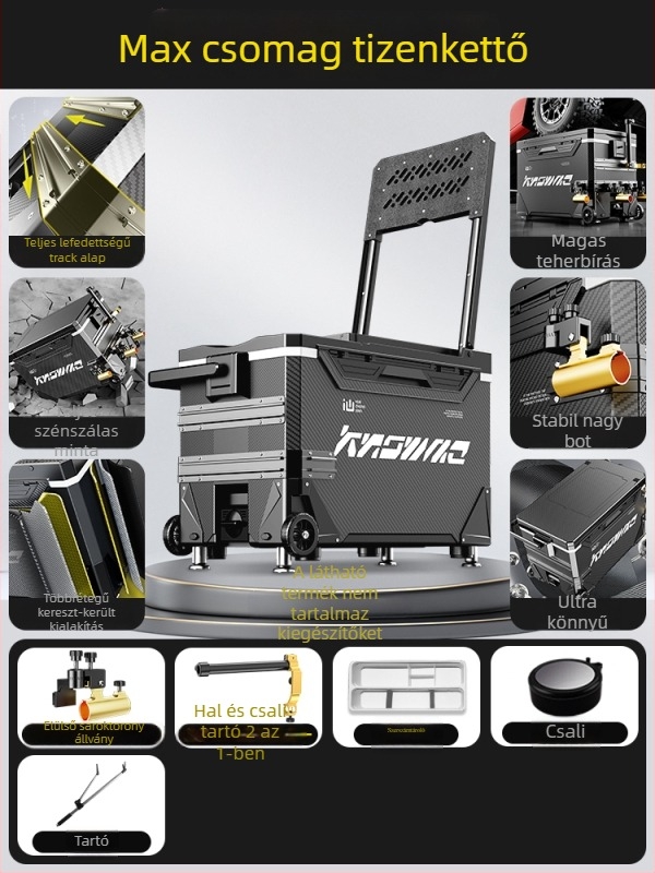 Horgász doboz – teljes készlet, multifunkcionális kerekekkel, PP anyag, kapacitás <9 L