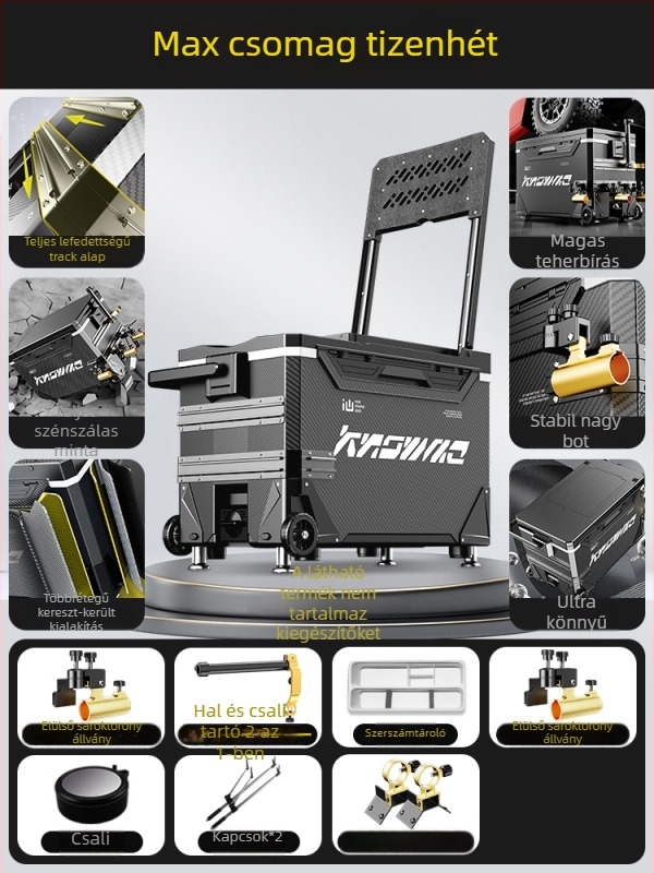 Horgász doboz – teljes készlet, multifunkcionális kerekekkel, PP anyag, kapacitás <9 L